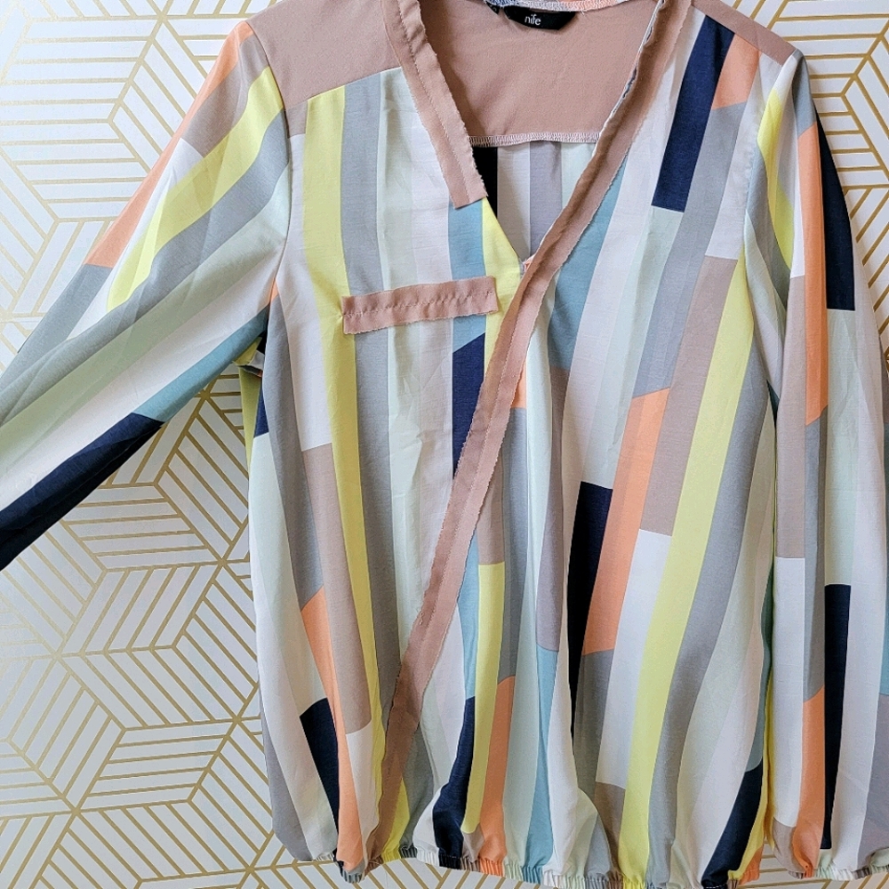 NIFE Stripe Colorblock Surplice Faux Wrap Blouse Top - Picture 2 of 9